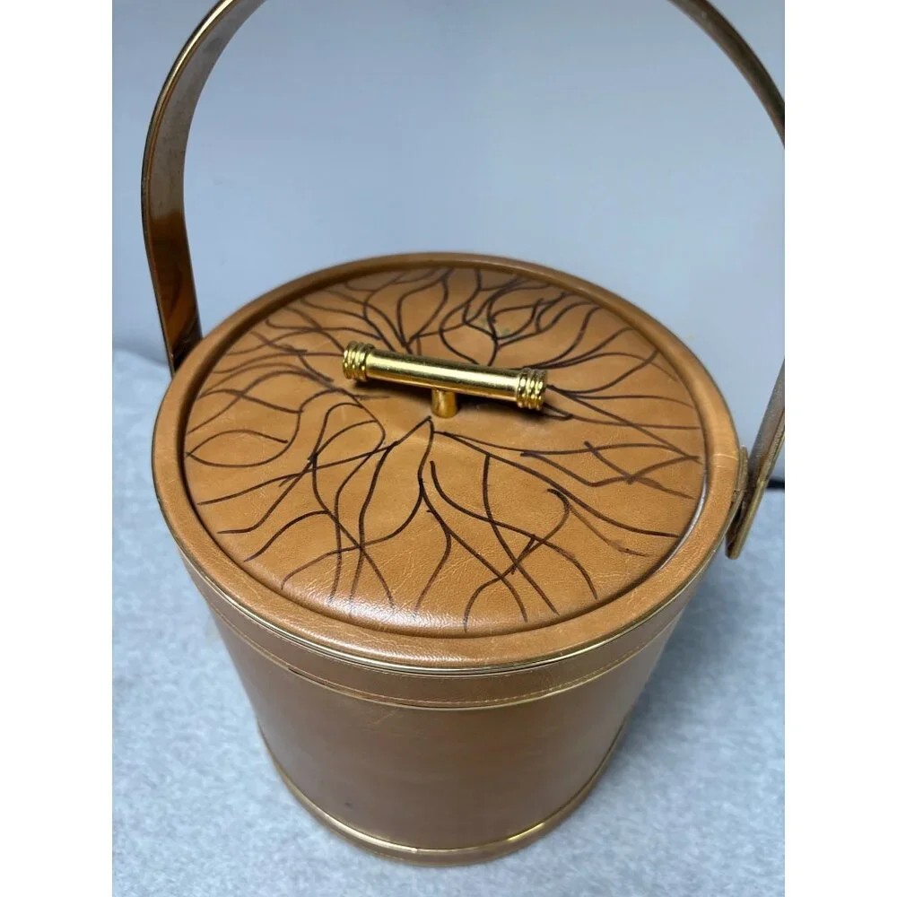 Vintage Faux Leather & Gold Ice Bucket with Handle & Lid Floral Design Top Mid-C